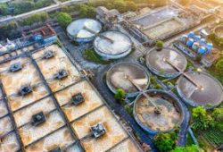 High-angle view of a water treatment facility in Serang, Indonesia during daytime.